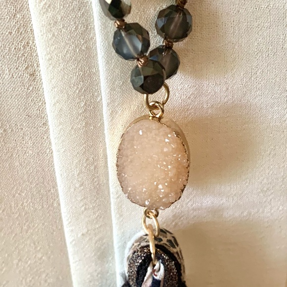 Long Tassel Druzy Natural Stone Necklace beads Gray Black taupe - Picture 4 of 13